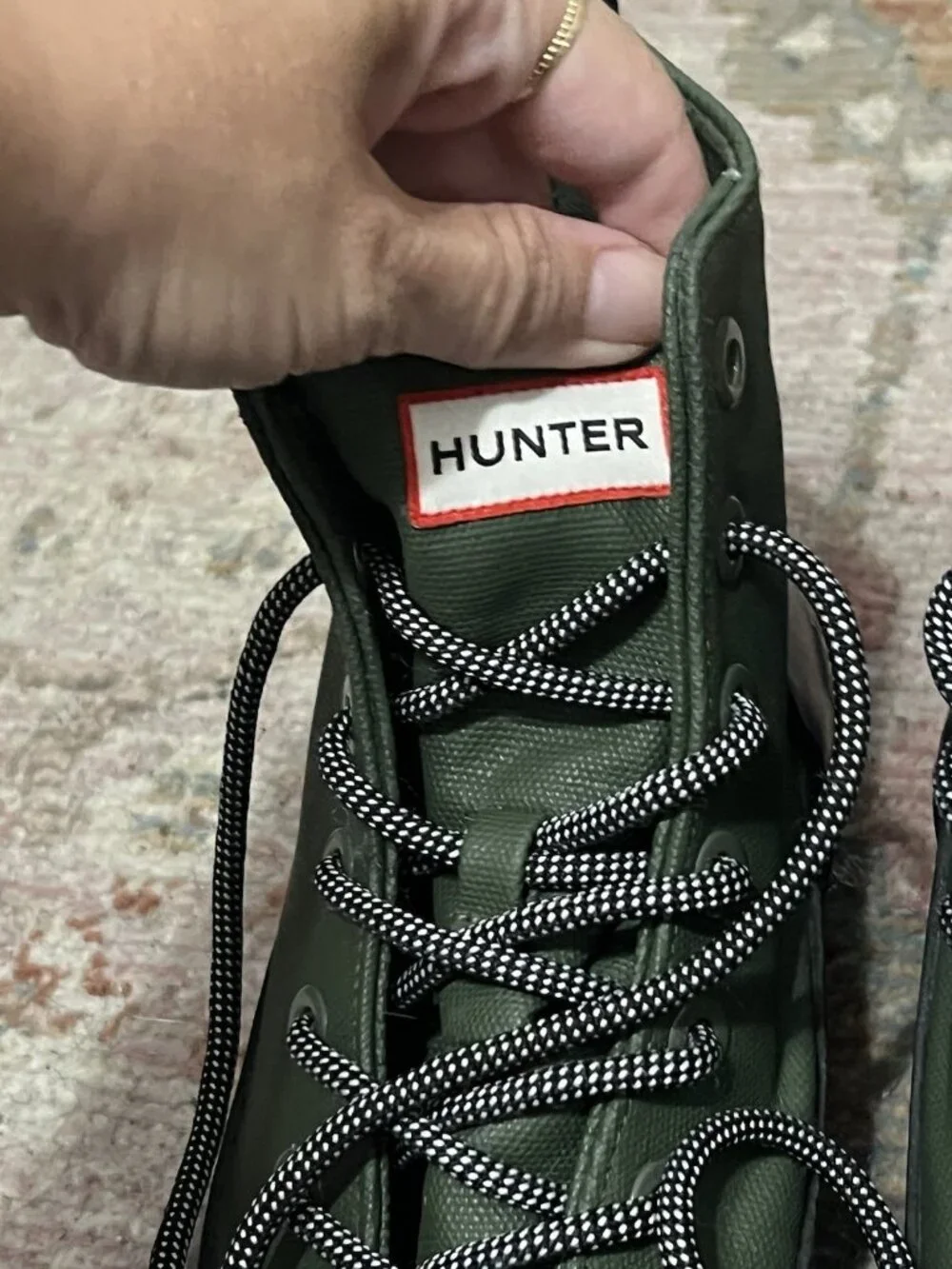 Hunter x Target Green Canvas/ Black Rubber Ankle Rain Boots Men 7.5 Women 9.5